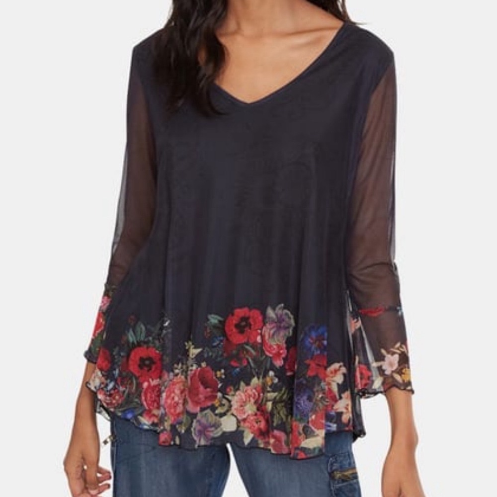 Desigual Women Top Medium O'Hara Black Floral Mesh V-Neck Sheer Sleeve Bohemian